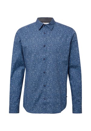Overhemd met lange mouwen van blauw stof met een wit bloemenpatroon, voorzien van een button-down kraag en knopen aan de voorkant. Gladde textuur.