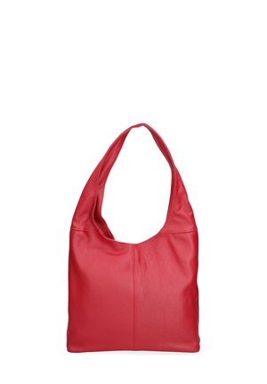 Sac à main en cuir rouge avec un design décontracté, une seule bandoulière, une texture lisse et des accents minimalistes. Présente une forme douce et non structurée.
