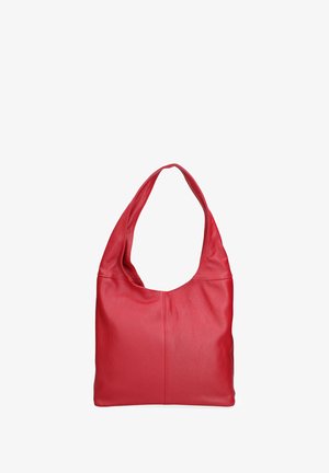 Borsa a tracolla in pelle rossa con un design morbido, single strap, texture liscia e accenti minimalisti. Presenta una forma morbida e disordinata.