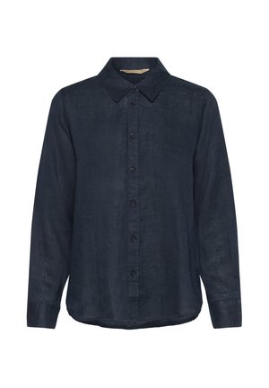 Donkerblauwe linnen shirt met een knoopsluiting aan de voorkant, lange mouwen en een puntige kraag. Heeft een zachte textuur en een gebogen zoom.