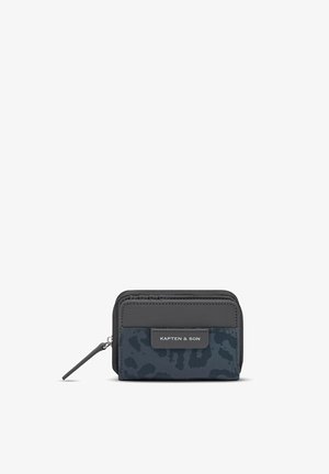 Small black and dark gray zippered wallet with front leopard print pocket and Kapten & Son logo label.