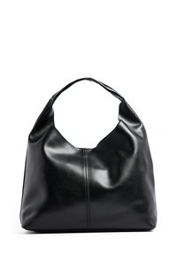 Schwarze Leder-Hobo-Tasche mit glatter Textur, runder Form und weitem Öffnungsbereich. Verfügt über einen einzigen Schulterriemen und minimale Nähdetails.