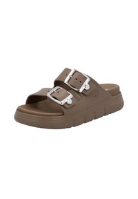 Brown rubber slide sandals with two adjustable silver buckles, open-toe design, textured outsole, and a cushioned footbed.