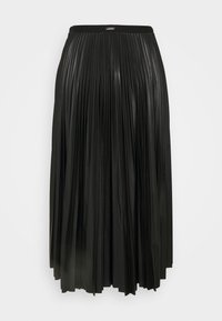 Jupe plissée noire en tissu brillant, dotée d'une taille ajustée et d'un design fluide avec de profonds plis verticaux pour ajouter de la texture.