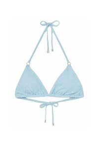 Kék háromszög bikini felső texturált anyagból. Állítható nyak- és hátrész kötelek, kis aranyszínű fém díszítésekkel.