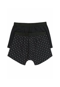 Dwie pary męskich bokserek. Jedne w jednolitym czarnym kolorze, drugie czarne z czerwono-białym geometrycznym wzorem. Obie posiadają elastyczny pas.