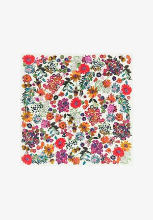 Bloemmotiefstof in levendige kleuren, met grote rode, oranje en paarse bloemen op een lichte achtergrond met groene bladeren.