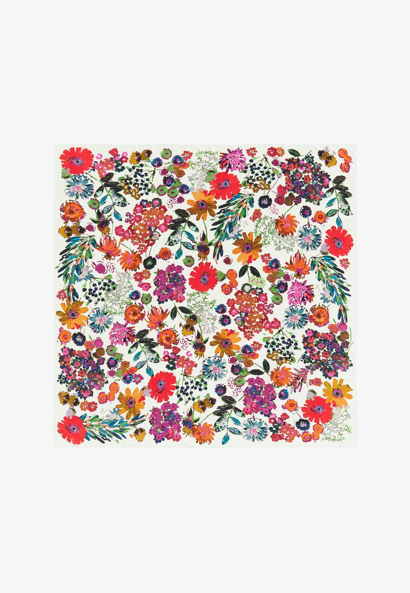 Tessuto con motivo floreale in colori vivaci, con grandi fiori rossi, arancioni e viola su uno sfondo chiaro con foglie verdi.