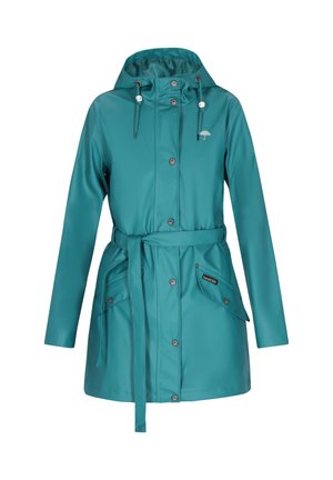 Turkoois capuchonregenjas met knopen aan de voorkant, verstelbare tailleband, twee klepzakken en een paraplu-logo op de borst.