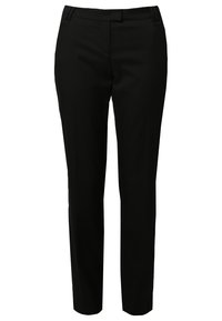 Pantalon noir droit sur mesure avec passants pour ceinture et fermeture éclair frontale, conçu pour un cadre formel ou de bureau.