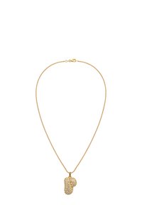 Goldkette mit Anhänger in Form eines stilisierten Buchstabens, verziert mit klaren Strasssteinen für einen funkelnden Abschluss.