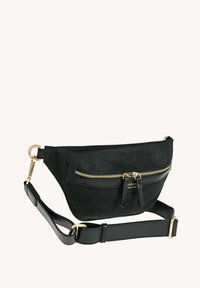 Sac à taille en cuir noir avec fermeture éclair et quincaillerie dorées, sangle réglable et poche avant avec double tirette.