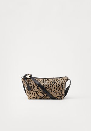 Leopard-print pouch bag with black leather strap; features a smooth texture and gold zipper, compact rectangular shape, soft furry exterior.