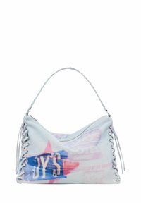 Helle blaue Stofftasche mit geschwungener Form, ausgestattet mit Schnürdetails an der Seite und bunten Grafiken in Pink und Blau.