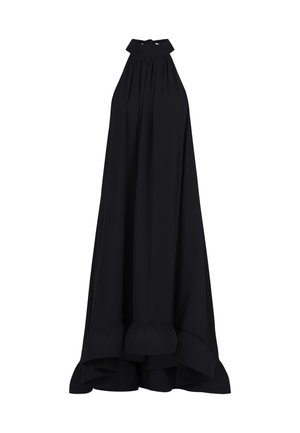 Sort halterneck maxikjole lavet af glat stof, med høj hals, løs silhuet og samlet flæse i kanten.