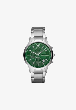 Edelstahlarmbanduhr mit grünem strukturiertem Zifferblatt, silbernen Stundenmarkierungen, Chronographen-Subdials und einem Datumsfenster, befestigt an einem Metallarmband.
