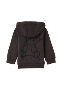 Sudadera marrón oscuro con un gráfico de un oso negro en la parte posterior, que cuenta con capucha, puños acanalados y una tela suave y texturizada.