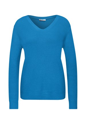 Modrý pletený svetr s výstřihem do V, dlouhými rukávy a přiléhavým střihem. Hladký materiál s žebrovaným vzorem na krku a manžetách.