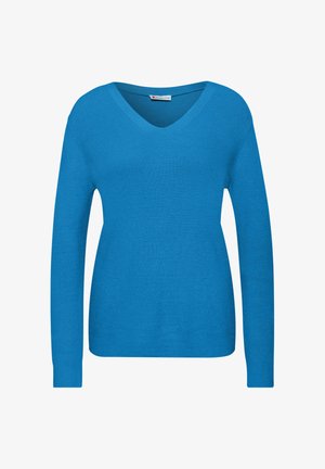 Modrý pletený svetr s výstřihem do V, dlouhými rukávy a přiléhavým střihem. Hladký materiál s žebrovaným vzorem na krku a manžetách.