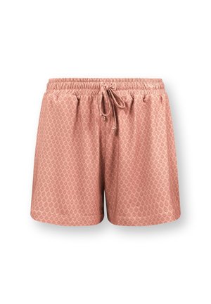 Roze shorts met een elastische tailleband, koord en een subtiel diamantpatroon. Gemaakt van lichtgewicht stof en voorzien van zijzakken.