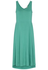 Un vestido sin mangas de color verde azulado con escote en V y una silueta relajada, que presenta un dobladillo fluido y una textura de tela suave.