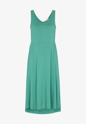 Un vestido sin mangas de color verde azulado con escote en V y una silueta relajada, que presenta un dobladillo fluido y una textura de tela suave.