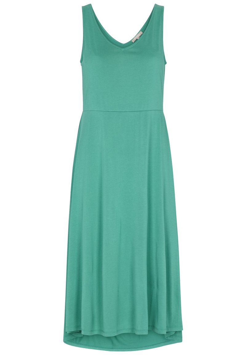 Un vestido sin mangas de color verde azulado con escote en V y una silueta relajada, que presenta un dobladillo fluido y una textura de tela suave.