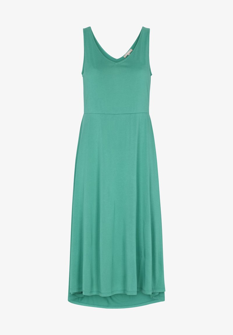 Un vestido sin mangas de color verde azulado con escote en V y una silueta relajada, que presenta un dobladillo fluido y una textura de tela suave.