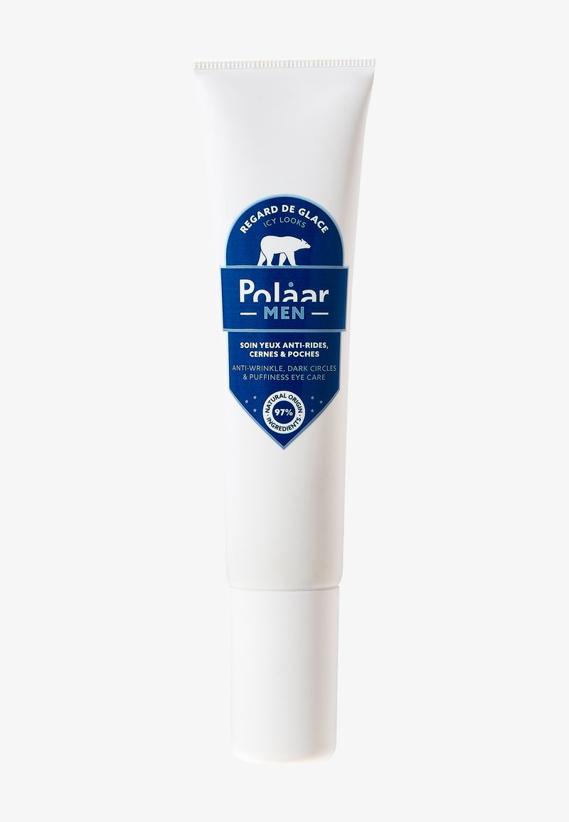 Tube blanc de crème pour les yeux Polaar Men avec une étiquette bleue. Les caractéristiques incluent un texte anti-rides et le logo d'un ours polaire. Texture lisse, design compact.