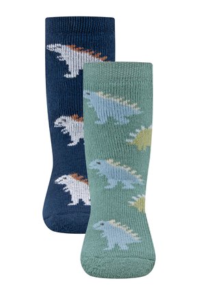 Two pairs of children's socks, one navy with white and orange dinosaur, one green with blue and yellow dinosaur patterns.