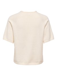 Pull en maille couleur crème à manches courtes avec un col rond et un ourlet droit, montré de dos sur fond blanc.