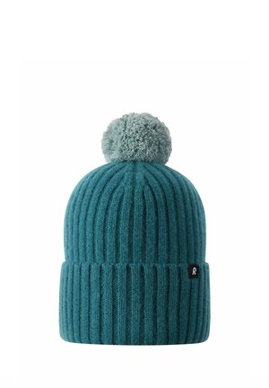 Teal ribbed knit winter hat with folded cuff and light gray pom-pom on top, shown against a white background.