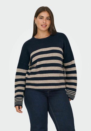 Maglione a righe blu navy e beige con scollo rotondo e maniche ampie, realizzato in tessuto lavorato a maglia, con dettagli a coste sui polsini.