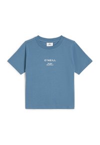 Blaues Baumwoll-T-Shirt mit kurzen Ärmeln, runder Ausschnitt und weißem Drucktext "O'NEILL SURF SUPPLY" auf der Vorderseite. Glatte Textur.