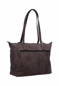 Bolso tote de cuero morado con asas dobles, un acabado texturizado, un bolsillo con cremallera en la parte frontal y un interior espacioso.