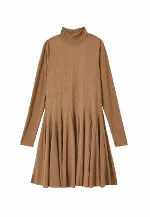 Brown ribbed long-sleeve dress with a mock turtleneck, featuring a flared skirt with vertical pleats, made from a soft, textured fabric.