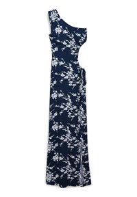 Abito maxi blu navy a spalla unica con stampa floreale bianca, apertura laterale e dettaglio a fiocco. Presenta uno spacco alto lungo il lato sinistro.