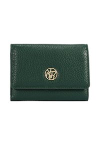 Portafoglio verde in pelle con finitura testurizzata, caratterizzato da un accento del logo dorato sul davanti e una chiusura a pattina.