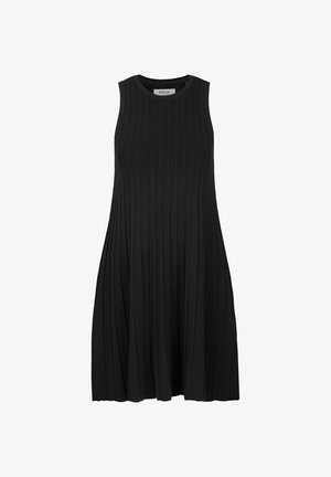 Zwart mouwloos jurkje met verticale geribbelde textuur, uitlopend aan de onderkant voor een ontspannen pasvorm, het label zegt "REPLAY."