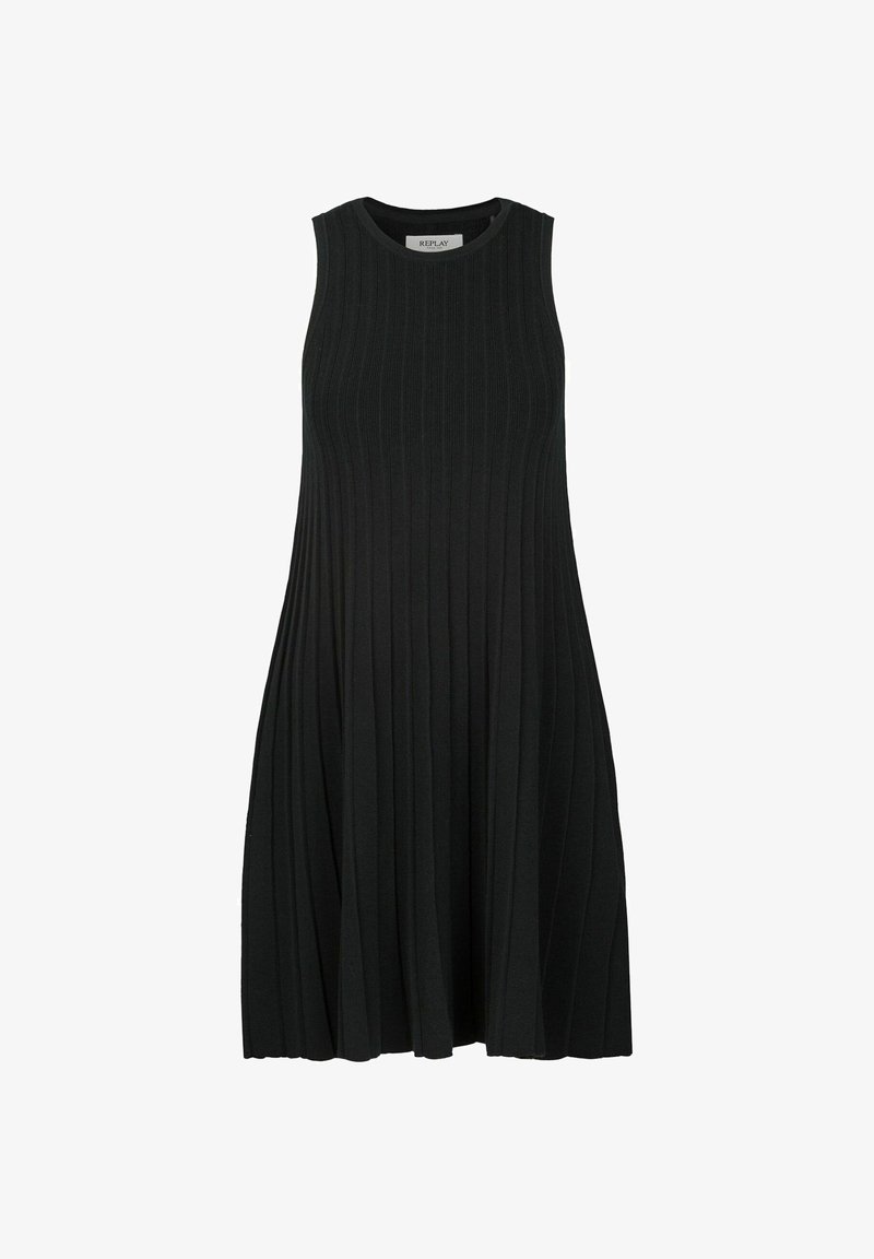Schwarzes ärmelloses Kleid mit vertikaler Rippenstruktur, das am Saum für eine entspannte Passform ausgestellt ist, Etikett trägt "REPLAY."