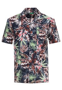 Tričko s krátkým rukávem s tmavě modrým pozadím a živým vzorem tropických listů v zelené, hnědé a červené barvě. Obsahuje přední kapsu.