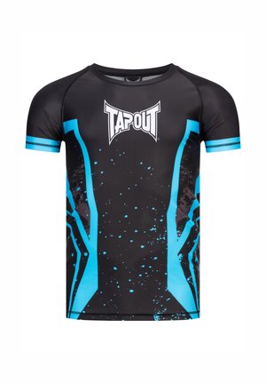 Zwarte koker met korte mouwen en blauwe accenten en spetterontwerp. Bevat het 'TAPOUT'-logo op de borst. Gemaakt van een gladde, rekbare stof.