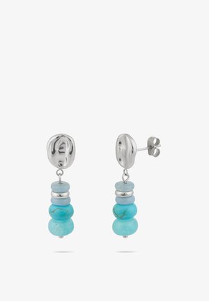 Sølv ørestikker med stablede blå og turkis sten, med en lille sølv spacerkugle i midten.