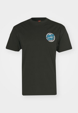 Sort bomulds-T-shirt med rund hals og korte ærmer. Har et rundt blåt og hvidt "Santa Cruz"-logo på venstre bryst.