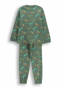 Zielony zestaw piżamowy z bawełny, składający się z długich rękawów i spodni, ozdobiony kolorowymi wzorami dinozaurów oraz napisem "ostre zęby" w kolorze czerwonym.