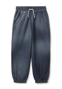 Marineblauwe sweatpants gemaakt van zachte stof, met een elastische tailleband met trekkoord, zijzakken en elastische boorden bij de enkels.
