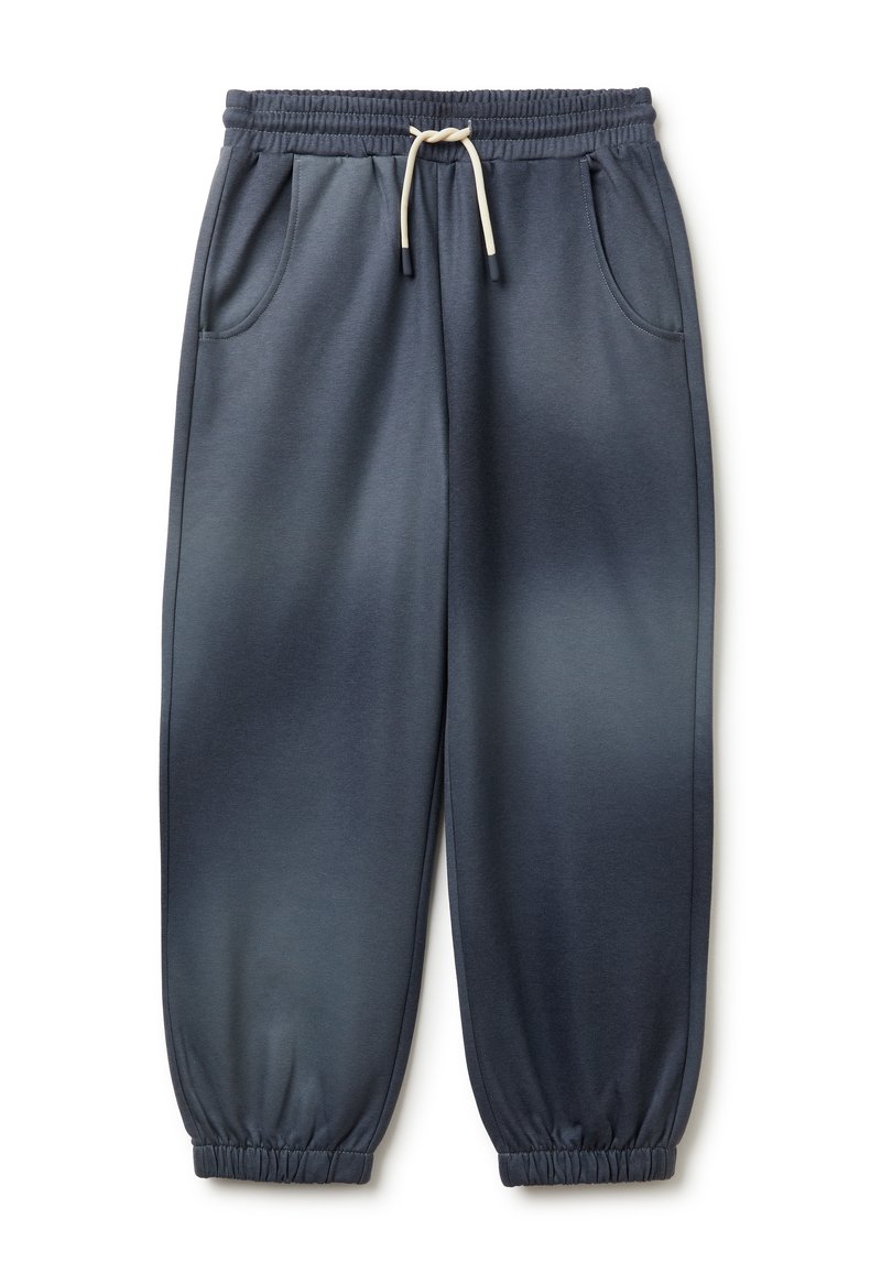 Marineblauwe sweatpants gemaakt van zachte stof, met een elastische tailleband met trekkoord, zijzakken en elastische boorden bij de enkels.