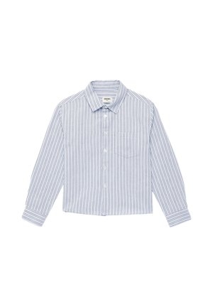 Camicia a manica lunga con bottoni, a righe verticali blu e bianche e taschino sul petto sul lato sinistro su sfondo bianco.