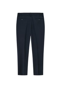 Pantalones de color marino con frontal plano, dos bolsillos traseros y cinturilla elástica. Fabricados en una tela suave, con una textura sutil y líneas limpias.