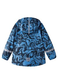 Blue and black marbled rain jacket with a hood, featuring reflective accents and elastic cuffs, made from a water-resistant material.